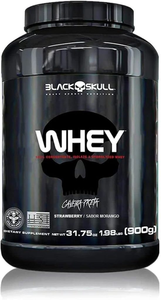 Black Skull Whey 100% Concentrado Isolado Hidrolisado, Morango - 900 g