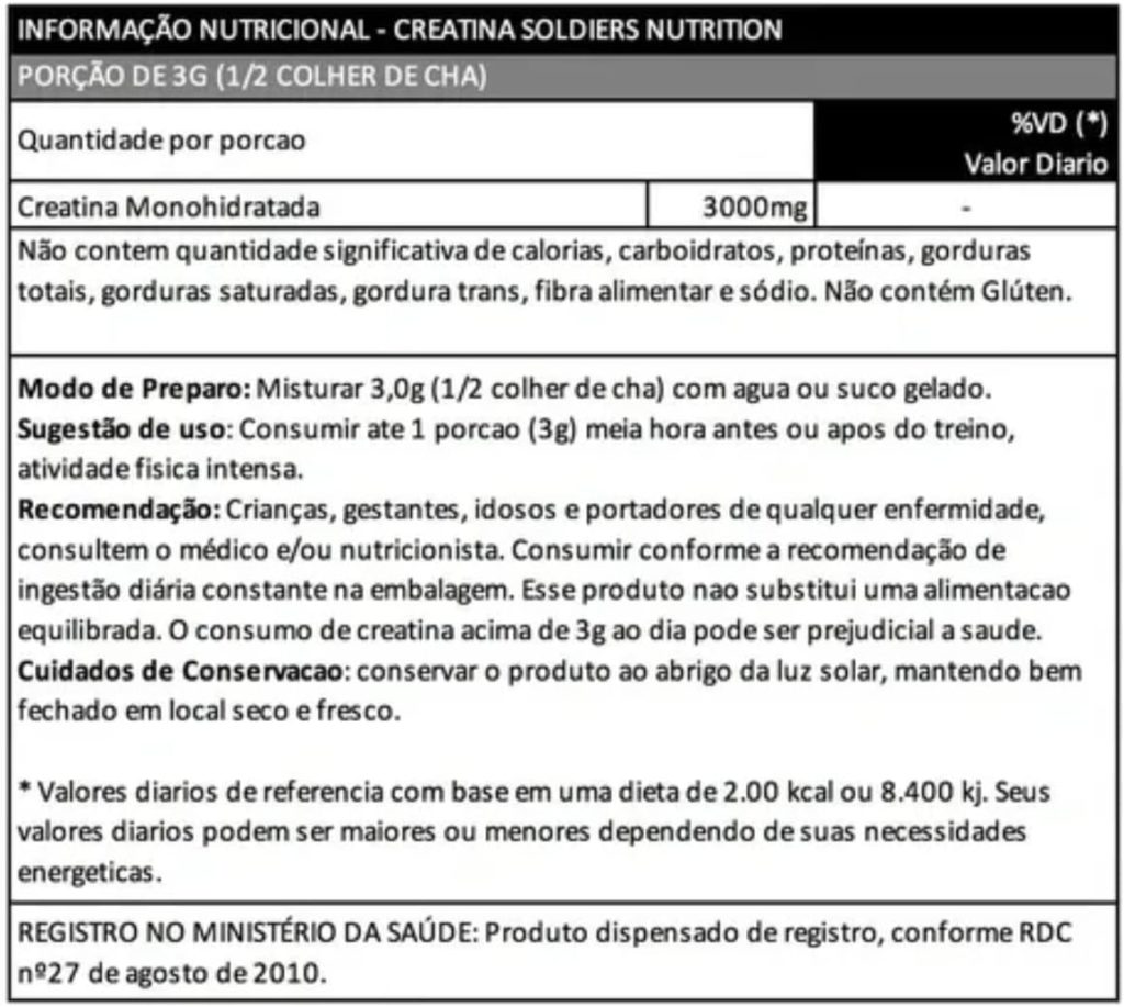 Creatina Monohidratada 500g - 100% Pura Importada - Soldiers Nutrition